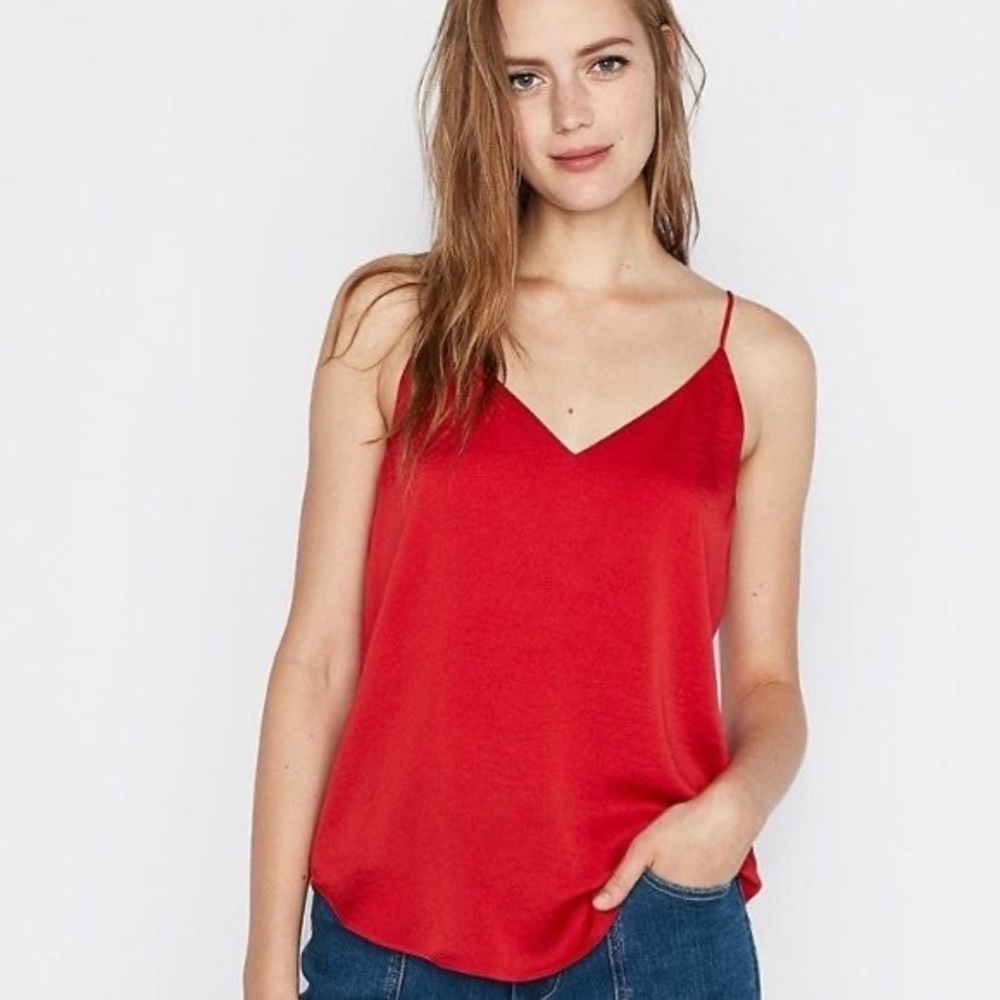 Express Downtown Reversible Camisole V Neck Adjustable Straps Red Satin/Matte